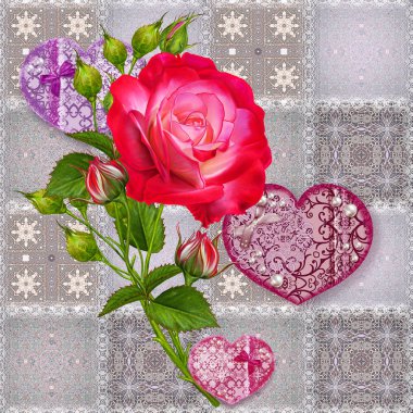 Çiçek arka plan. Seamless modeli. Eski stil, kare şekli, pastel tonu, patchwork. Garland parlak güzel kırmızı gül, hassas kalbi boncuk ve inciler, ışık kelebekler ile dokulu.