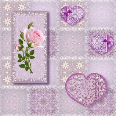 Çiçek seamless modeli. Kare şekli, vintage tarzı, güzel yumuşak pembe güller, çiçek aranjmanı, pastel Ajur çerçeve, patchwork, onların boncuk ve inciler dokuma.