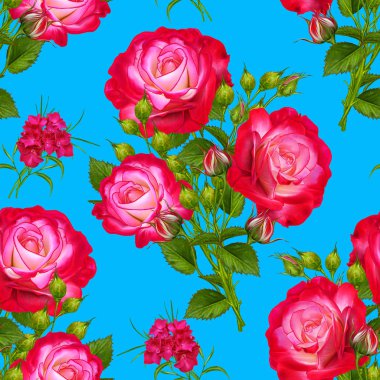 Çiçek seamless modeli. Uzun bir kök, çiçek aranjmanı üzerinde parlak kırmızı gül buketi.