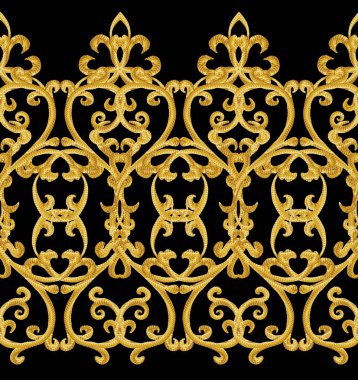 Seamless modeli. Altın dokulu bukleler. Oryantal tarzı Arabesk. Parlak dantel, stilize çiçekler. Hassas dokuma Ajur.