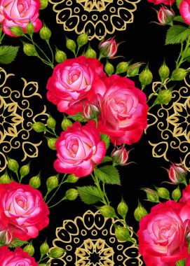 Çiçek seamless modeli. Uzun bir kök, çiçek aranjmanı üzerinde parlak kırmızı gül buketi. Altın dokulu bukleler. Oryantal tarzı Arabesk. Parlak dantel. Hassas dokuma Ajur. 