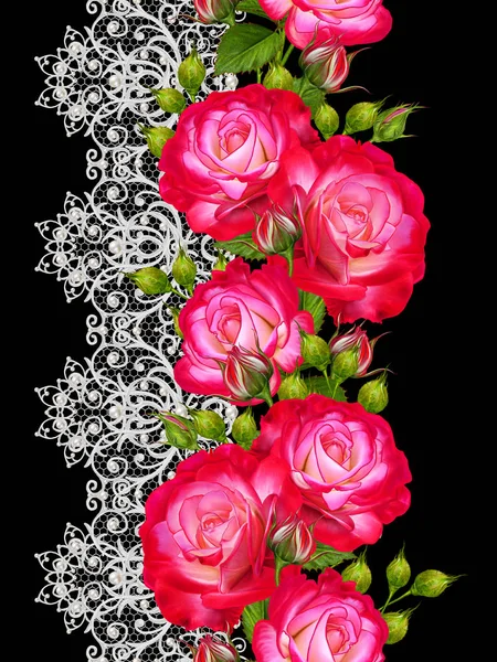 Vertical floral border. Seamless pattern. Garland red roses Openwork weaving delicate, silver background, shiny lace, vintage old style arabesques. Edging decorative. Decoration from pearls beads. — Stock Photo, Image