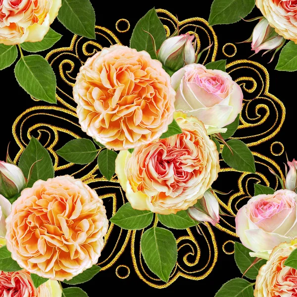Patrón sin costura floral, ramo de rosas rosadas saturadas brillantes, hermosas hojas verdes, brotes . —  Fotos de Stock
