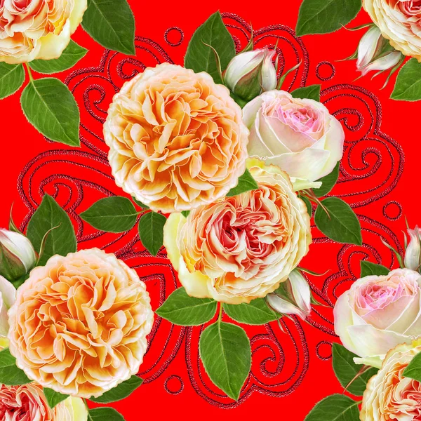 Motivo floreale senza cuciture, bouquet di rose rosa saturi brillanti, belle foglie verdi, boccioli . — Foto Stock