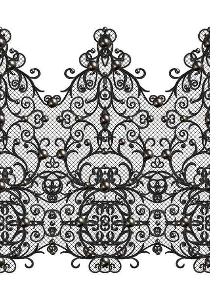 Seamless pattern border. Openwork weaving delicate, black lace, vintage old style arabesques. Edging decorative. Decoration from pearls, beads. — Stock Photo, Image