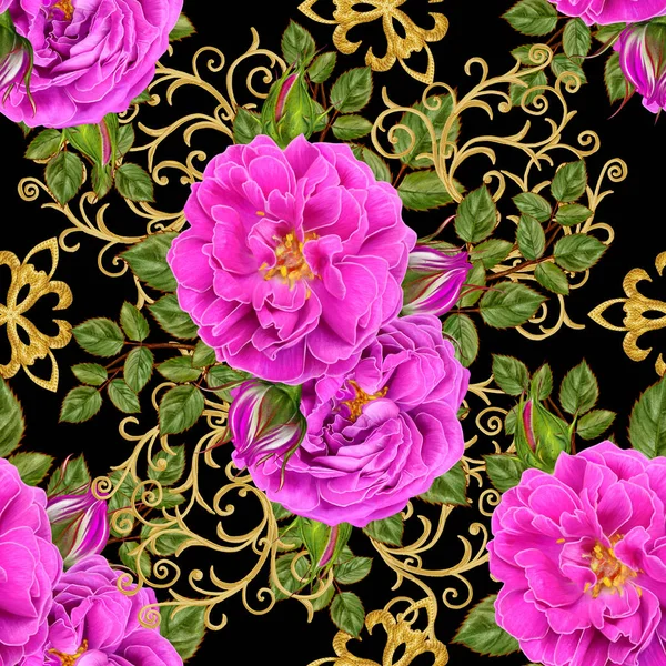 꽃의 완벽 한 패턴의 밝은 포화 핑크 장미, 아름 다운 녹색 잎, 꽃 봉 오리. — 스톡 사진