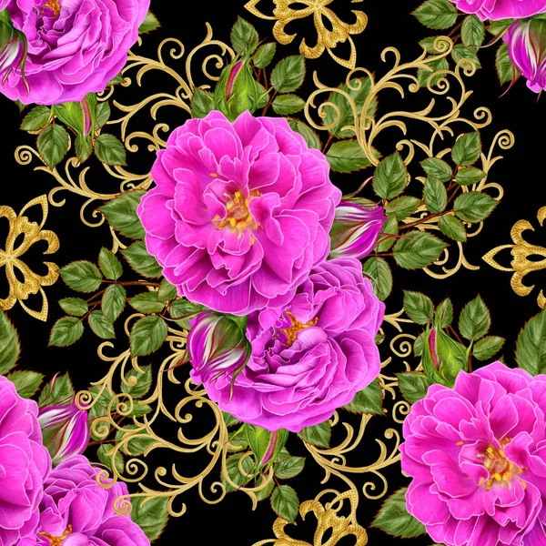 Floral seamless pattern, bouquet of bright saturated pink roses, beautiful green leaves, buds.
