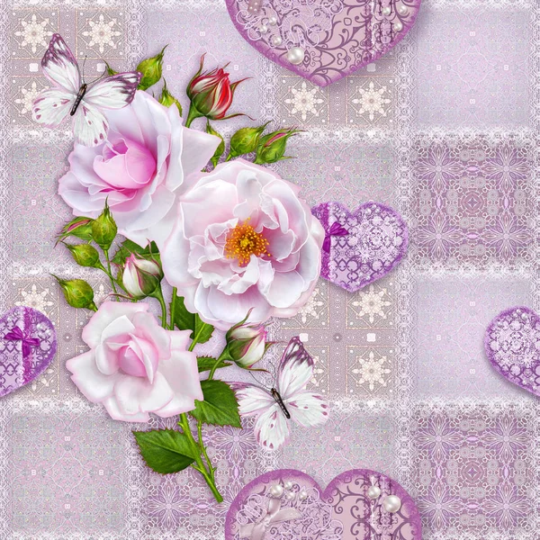 Floral background. Seamless pattern. Old style, square shape, pastel tone, patchwork. Garland of bright beautiful red roses, delicate textured heart with beads and pearls, light butterflies. — Stock Photo, Image