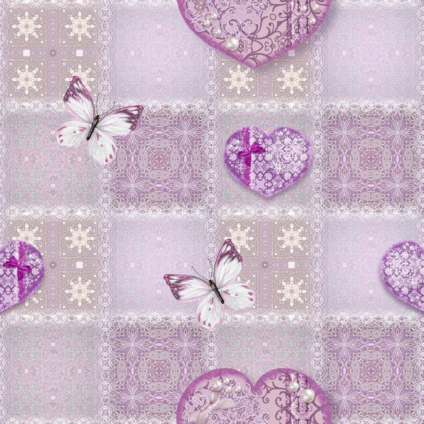 Hand drawn seamless patchwork pattern. Vintage boho style with decorative elements. Square shape, openwork weaving, oriental motif, pastel pink tone, delicate textured heart with beads and pearls, light butterflies. — Stock Photo, Image