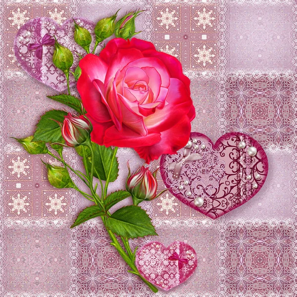 Floral background. Seamless pattern. Old style, square shape, pastel tone, patchwork. Garland of bright beautiful red roses, delicate textured heart with beads and pearls, light butterflies. — Stock Photo, Image