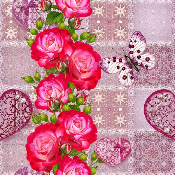 Fondo floral. Patrón sin costuras. Estilo antiguo, forma cuadrada, tono pastel, mosaico. Guirnalda de brillantes rosas rojas hermosas, delicado corazón texturizado con cuentas y perlas, mariposas ligeras . —  Fotos de Stock