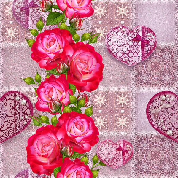 Fondo floral. Patrón sin costuras. Estilo antiguo, forma cuadrada, tono pastel, mosaico. Guirnalda de brillantes rosas rojas hermosas, delicado corazón texturizado con cuentas y perlas, mariposas ligeras . — Foto de Stock