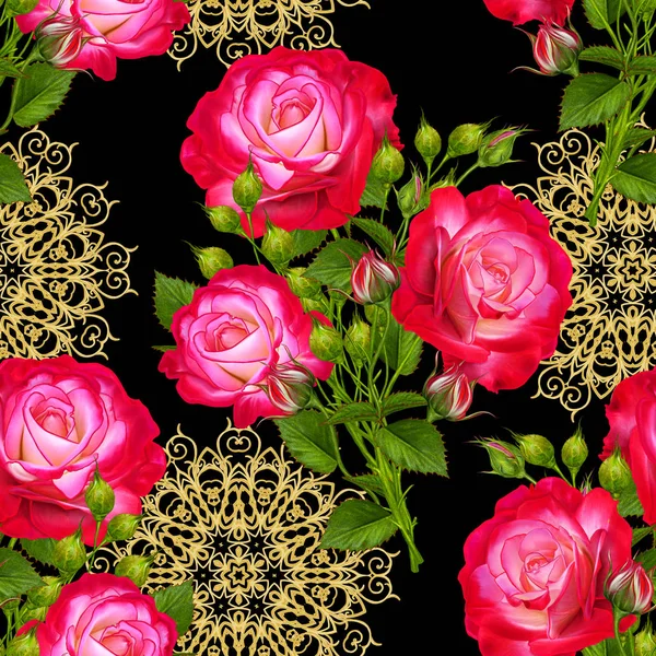 Florales nahtloses Muster. Strauß leuchtend roter Rosen an einem langen Stiel, Blumenarrangement. — Stockfoto