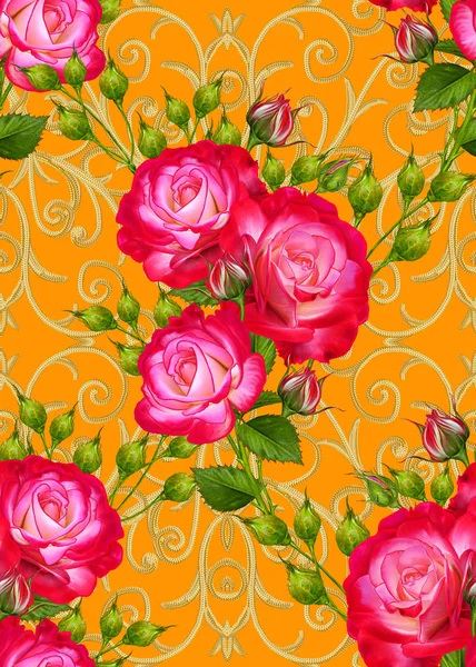 Çiçek seamless modeli. Uzun bir kök, çiçek aranjmanı üzerinde parlak kırmızı gül buketi. Altın dokulu bukleler. Oryantal tarzı Arabesk. Parlak dantel. Hassas dokuma Ajur. 