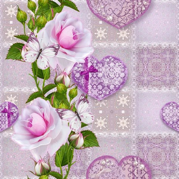 Floral background. Seamless pattern. Old style, square shape, pastel tone, patchwork. Garland of bright beautiful red roses, delicate textured heart with beads and pearls, light butterflies. — Stock Photo, Image