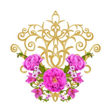 Altın dokulu bukleler. Oryantal tarzı Arabesk. Parlak dantel, stilize çiçekler. Dokuma narin, altın arka plan, kompozisyon, kırmızı, pembe ve turuncu gül çelenk Ajur