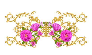 Altın dokulu bukleler. Oryantal tarzı Arabesk. Parlak dantel, stilize çiçekler. Dokuma narin, altın arka plan, kompozisyon, kırmızı, pembe ve turuncu gül çelenk Ajur