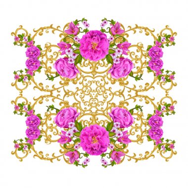 Altın dokulu bukleler. Oryantal tarzı Arabesk. Parlak dantel, stilize çiçekler. Dokuma narin, altın arka plan, kompozisyon, kırmızı, pembe ve turuncu gül çelenk Ajur