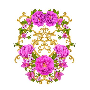 Altın dokulu bukleler. Oryantal tarzı Arabesk. Parlak dantel, stilize çiçekler. Dokuma narin, altın arka plan, kompozisyon, kırmızı, pembe ve turuncu gül çelenk Ajur