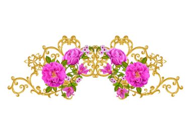 Altın dokulu bukleler. Oryantal tarzı Arabesk. Parlak dantel, stilize çiçekler. Dokuma narin, altın arka plan, kompozisyon, kırmızı, pembe ve turuncu gül çelenk Ajur