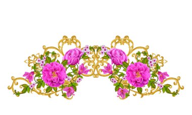 Altın dokulu bukleler. Oryantal tarzı Arabesk. Parlak dantel, stilize çiçekler. Dokuma narin, altın arka plan, kompozisyon, kırmızı, pembe ve turuncu gül çelenk Ajur