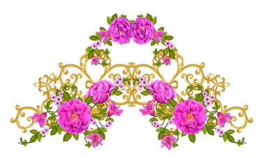 Altın dokulu bukleler. Oryantal tarzı Arabesk. Parlak dantel, stilize çiçekler. Dokuma narin, altın arka plan, kompozisyon, kırmızı, pembe ve turuncu gül çelenk Ajur