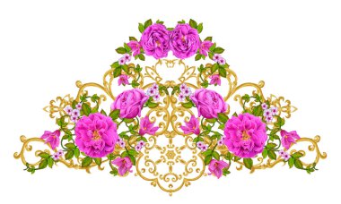 Altın dokulu bukleler. Oryantal tarzı Arabesk. Parlak dantel, stilize çiçekler. Dokuma narin, altın arka plan, kompozisyon, kırmızı, pembe ve turuncu gül çelenk Ajur