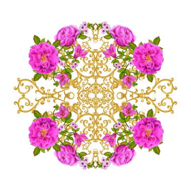 Altın dokulu bukleler. Oryantal tarzı Arabesk. Parlak dantel, stilize çiçekler. Dokuma narin, altın arka plan, kompozisyon, kırmızı, pembe ve turuncu gül çelenk Ajur