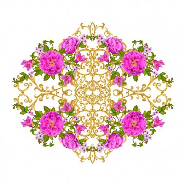 Altın dokulu bukleler. Oryantal tarzı Arabesk. Parlak dantel, stilize çiçekler. Dokuma narin, altın arka plan, kompozisyon, kırmızı, pembe ve turuncu gül çelenk Ajur