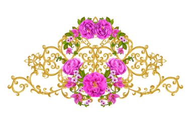 Altın dokulu bukleler. Oryantal tarzı Arabesk. Parlak dantel, stilize çiçekler. Dokuma narin, altın arka plan, kompozisyon, kırmızı, pembe ve turuncu gül çelenk Ajur