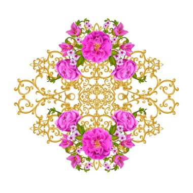 Altın dokulu bukleler. Oryantal tarzı Arabesk. Parlak dantel, stilize çiçekler. Dokuma narin, altın arka plan, kompozisyon, kırmızı, pembe ve turuncu gül çelenk Ajur