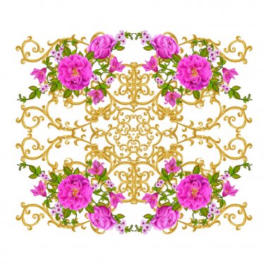 Altın dokulu bukleler. Oryantal tarzı Arabesk. Parlak dantel, stilize çiçekler. Dokuma narin, altın arka plan, kompozisyon, kırmızı, pembe ve turuncu gül çelenk Ajur