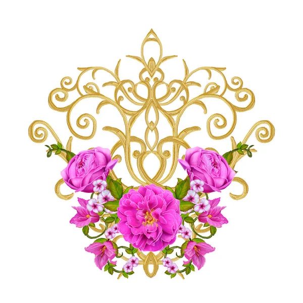 Χρυσή ανάγλυφη μπούκλες. Ανατολίτικο στυλ αραβουργήματα. Λαμπρή δαντέλα, στυλιζαρισμένα λουλούδια. Διάτρητο ύφανσης, λεπτό, χρυσό φόντο, σύνθεση, γιρλάντα από κόκκινο, Ροζέ και πορτοκαλί τριαντάφυλλα — Φωτογραφία Αρχείου