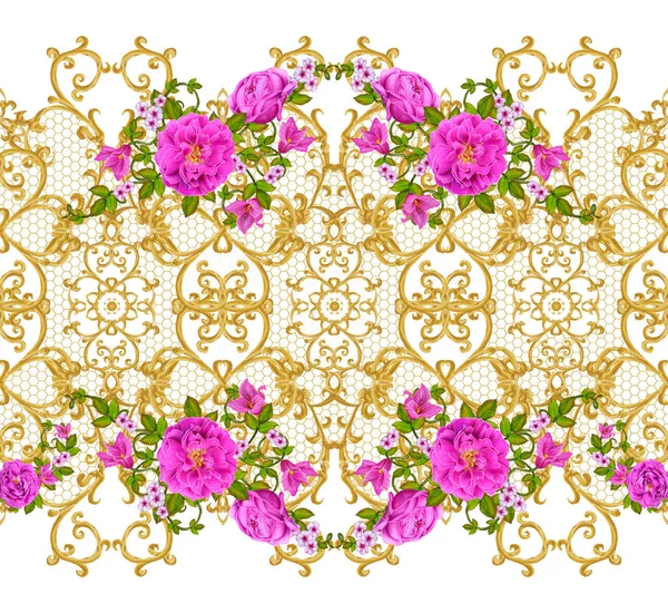 Rizos dorados texturizados. Arabescos de estilo oriental. Encaje brillante, flores estilizadas. Tejido calado delicado, fondo dorado, composición, guirnalda de rosas rojas, rosadas y naranjas — Foto de Stock