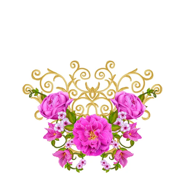 ลอนสีทอง อาราเบสก์สไตล์ตะวันออก ลูกไม้ที่ยอดเยี่ยม, ดอกไม้ที่มีสไตล์ การทอแบบเปิด พื้นหลังสีทอง การประกอบ ดอกกุหลาบสีแดง สีชมพู และสีส้ม — ภาพถ่ายสต็อก