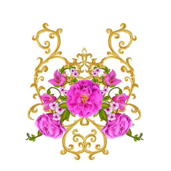 Altın dokulu bukleler. Oryantal tarzı Arabesk. Parlak dantel, stilize çiçekler. Dokuma narin, altın arka plan, kompozisyon, kırmızı, pembe ve turuncu gül çelenk Ajur