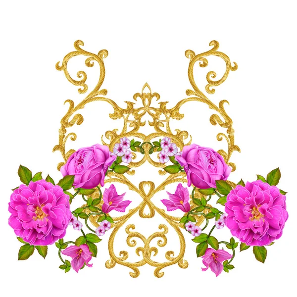 Altın dokulu bukleler. Oryantal tarzı Arabesk. Parlak dantel, stilize çiçekler. Dokuma narin, altın arka plan, kompozisyon, kırmızı, pembe ve turuncu gül çelenk Ajur