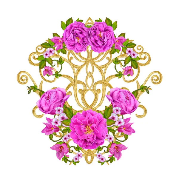 Goldene strukturierte Locken. Arabesken orientalischen Stils. Brillante Spitze, stilisierte Blumen. durchbrochene Weben zarten, goldenen Hintergrund, Komposition, Girlande aus roten, rosa und orangen Rosen — Stockfoto