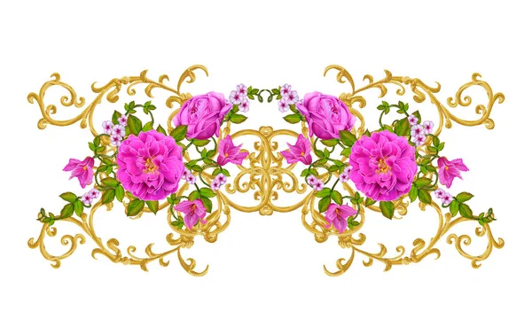Złote Loki teksturą. Styl Orientalny arabeski. Genialny koronki, stylizowane kwiaty. Ażurowe, tkactwo tło delikatny, złote, skład, garland, czerwony, różowy i pomarańczowy róż — Zdjęcie stockowe