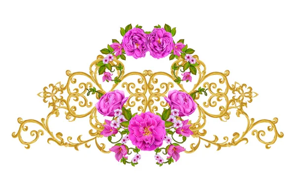 Golden textured curls. Oriental style arabesques. Brilliant lace, stylized flowers. Openwork weaving delicate, golden background, composition, garland of red, Pink and orange roses — Stock Photo, Image