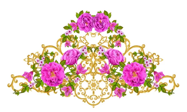 ลอนสีทอง อาราเบสก์สไตล์ตะวันออก ลูกไม้ที่ยอดเยี่ยม, ดอกไม้ที่มีสไตล์ การทอแบบเปิด พื้นหลังสีทอง การประกอบ ดอกกุหลาบสีแดง สีชมพู และสีส้ม — ภาพถ่ายสต็อก