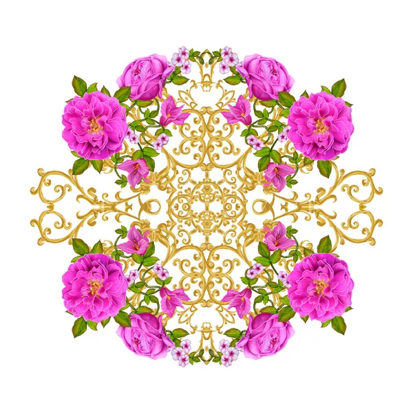 Altın dokulu bukleler. Oryantal tarzı Arabesk. Parlak dantel, stilize çiçekler. Dokuma narin, altın arka plan, kompozisyon, kırmızı, pembe ve turuncu gül çelenk Ajur