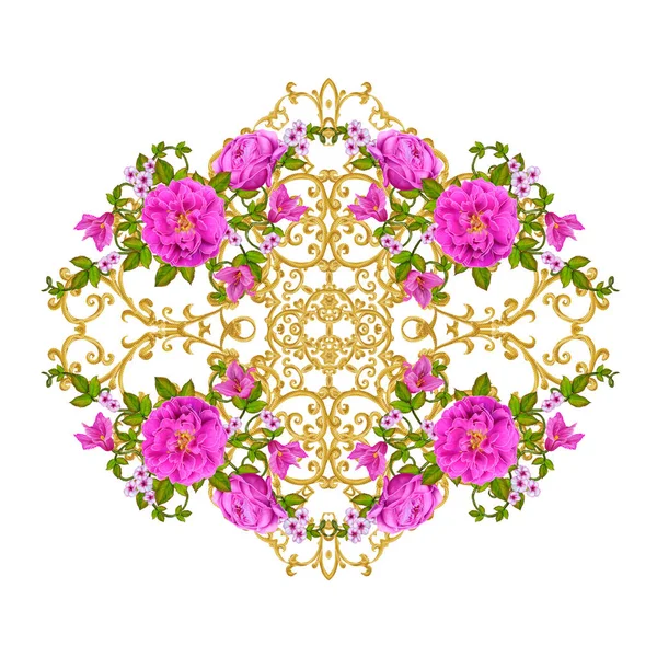 Gyllene texturerat lockar. Orientalisk stil arabesker. Lysande spetsar, stiliserade blommor. Genombrutna väva fina, gyllene bakgrund, sammansättning, krans av röda, rosa och orange rosor — Stockfoto