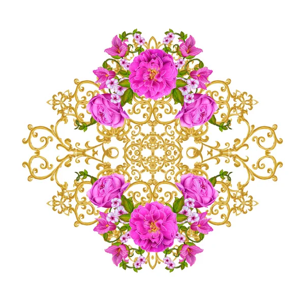 Altın dokulu bukleler. Oryantal tarzı Arabesk. Parlak dantel, stilize çiçekler. Dokuma narin, altın arka plan, kompozisyon, kırmızı, pembe ve turuncu gül çelenk Ajur