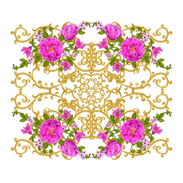 Gyllene texturerat lockar. Orientalisk stil arabesker. Lysande spetsar, stiliserade blommor. Genombrutna väva fina, gyllene bakgrund, sammansättning, krans av röda, rosa och orange rosor — Stockfoto