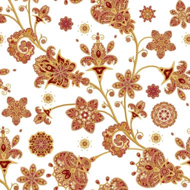 Seamless modeli. Altın dokulu bukleler. Parlak dantel, stilize çiçekler. Narin, altın arka plan, Paisley dokuma Ajur. 