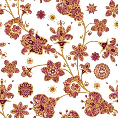 Seamless modeli. Altın dokulu bukleler. Parlak dantel, stilize çiçekler. Narin, altın arka plan, Paisley dokuma Ajur. 