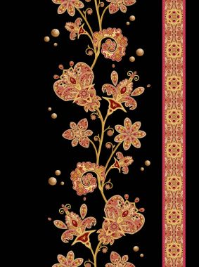 Dikişsiz desen sınır. Altın dokulu bukleler. Parlak dantel, stilize çiçekler. Narin, altın arka plan, Paisley dokuma Ajur. 