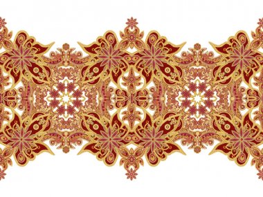 Seamless modeli yatay kenarlık. Altın dokulu bukleler. Parlak dantel, stilize çiçekler. Narin, altın arka plan, Paisley dokuma Ajur. 