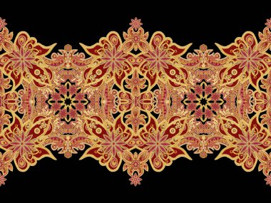 Seamless modeli yatay kenarlık. Altın dokulu bukleler. Parlak dantel, stilize çiçekler. Narin, altın arka plan, Paisley dokuma Ajur. 